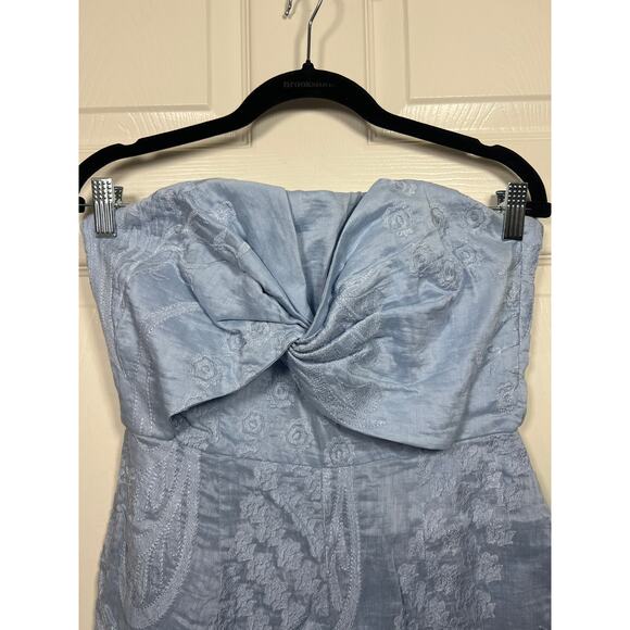Anthro Aijek Womens 4 Silk Linen Blue Wide Leg Jumpsuit Strapless Cottagecore - Picture 4 of 10